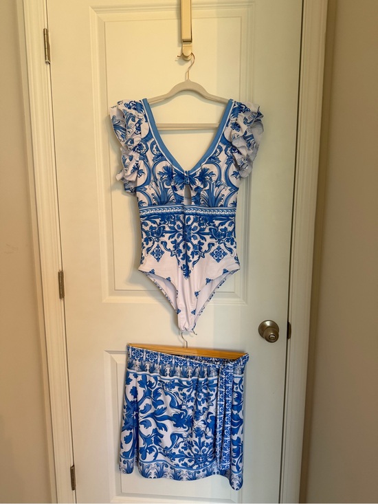 Other - Set. Blue and White Floral One-Piece Swimsuit with Matching Skirt